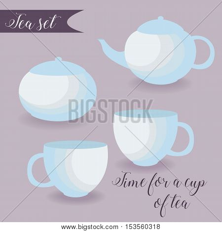 Vector tea set with cups and cattle and sugar pot.