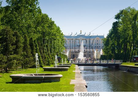 PETERHOF, RUSSIA - MAY 26, 2015: Grand Peterhof Palace, the Grand Cascade and Samson Fountain. Peterhof Palace included in the UNESCO World Heritage List. Petergof, Saint Petersburg, Russia