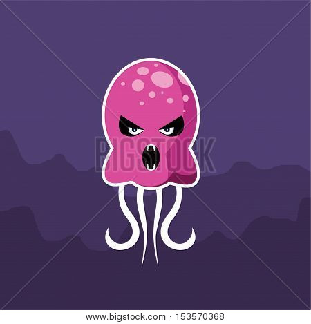 Vector flat and evil jellyfish at the bottom of the ocean. eps jpg