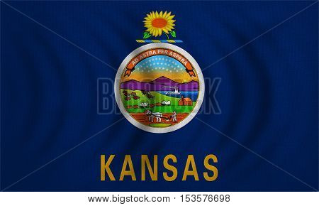 Flag of the US state of Kansas. American patriotic element. USA banner. United States of America symbol. Kansan official flag wavy with detailed fabric texture illustration. Accurate size colors