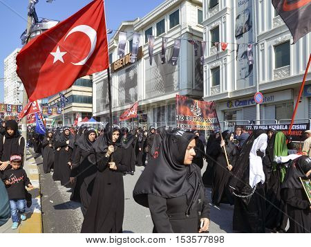 Istanbul Turkey - October 11 2016: Turkish Shia women takes part in an Ashura parade in Istanbul's district of Kucukcekmece. Turkish Shia Muslims mourning for Imam Hussain. Caferis take part in a mourning procession marking the day of Ashura in Istanbul's