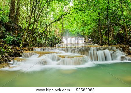 Huay Mae Khamin waterfall famous natural tourist attraction in Kanchanaburi Thailand.
