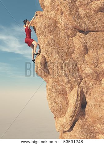 Young women in red dress and high heels climbing a mountain. This is a 3d render illustration