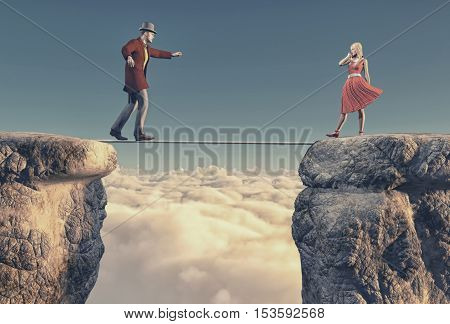 Young man goes to a beautiful woman balacing on a rope between two rocks. This is a 3d render illustration