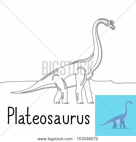 Coloring page for kids with Plateosaurus dinosaur and colored preview. Vector illustration