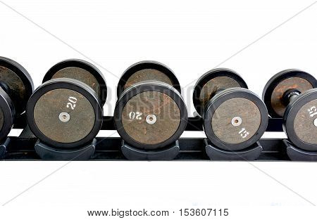 font of dumbbells on release with white background