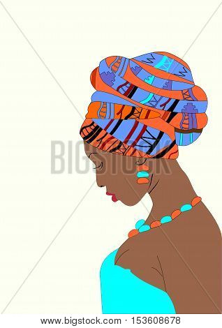 Beautiful girl in the sky blue dress with dark skin with a turban on his head vector illustration