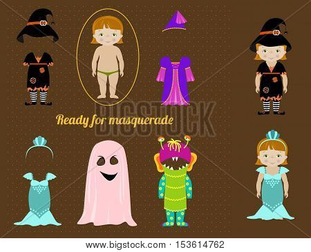 Fancy dresses collection for kids, Cute little girl body template and costumes of witch, fairy, mermaid, ghost and monster. Make your fancy character.