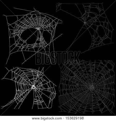 illustration with four spider webs isolated on black background