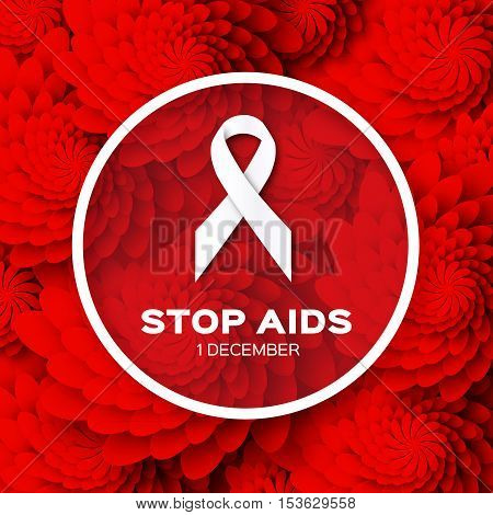 Aids Awareness. Ribbon. World Stop Aids Day on red origami flower background with frame. Vector design illustration.