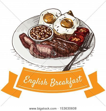 English breakfast colorful illustration. Vector illustration of breakfast.
