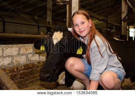 Girl hugging a cow on a farm in the village