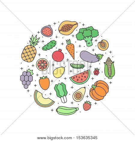 Fruits and vegetables multicolored outline vector circle illustration. Clean and simple design.