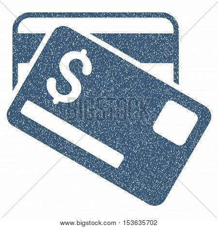 Credit Cards grainy textured icon for overlay watermark stamps. Flat symbol with dust texture. Dotted vector blue ink rubber seal stamp with grunge design on a white background.