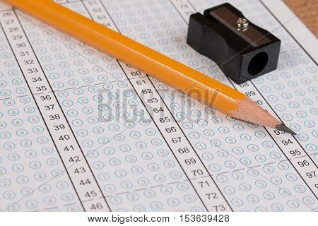Standard Test Form Or Answer Sheet. Answer Sheet Focus On Pencil. Bubble Anser Sheet With Blank Answ