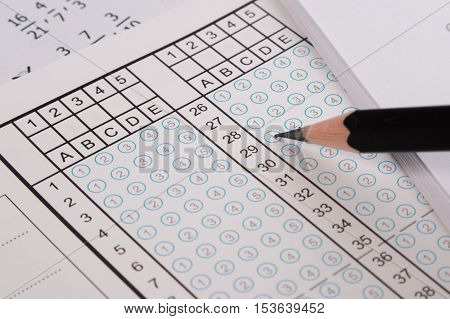 Standard Test Form Or Answer Sheet. Answer Sheet Focus On Pencil. Bubble Anser Sheet With Blank Answ