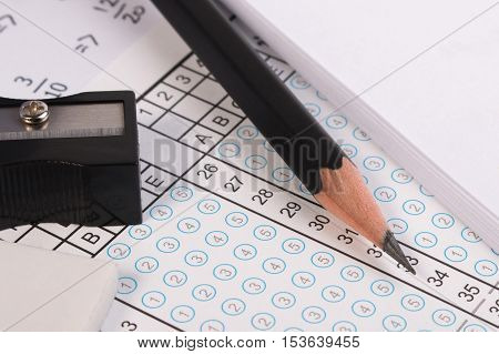Standard Test Form Or Answer Sheet. Answer Sheet Focus On Pencil. Bubble Anser Sheet With Blank Answ