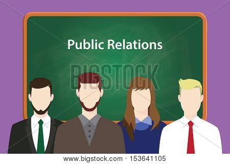 public relations illustration concept with business man and woman lining up together in front of blackboard or green board vector