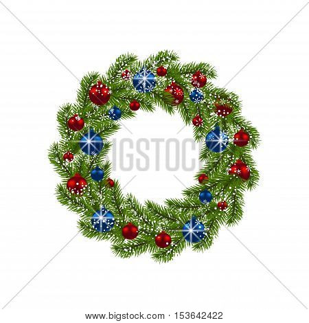 Christmas wreath. Green fir branches with red and blue balls on white background. Christmas decorations. Vector illustration