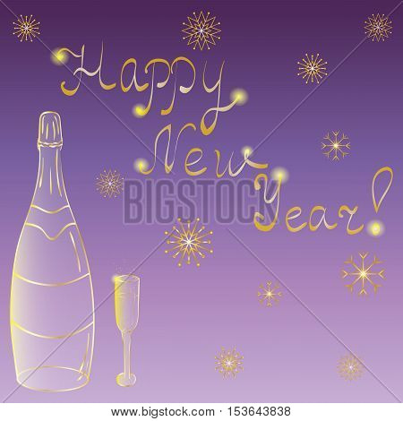 Happy New Year! Hand Drawn Golden Silhouettes of Bottle of Champagne Wineglass and Snowflakes on Night Sky. Perfect for Your Festive Design. Vector Illustration
