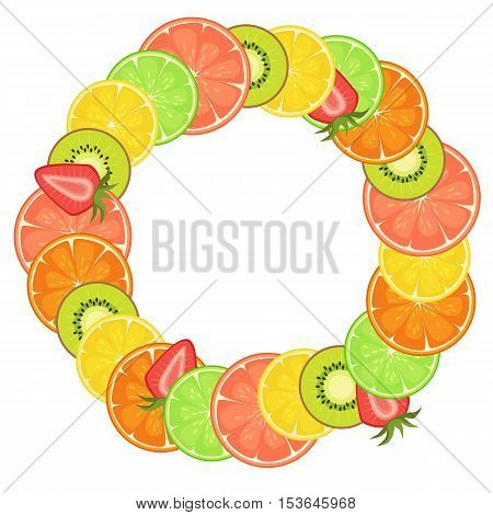 Vector Background Illustration With Citrus, Strawberry And Kiwi. Fresh Summer Background. Round Citr