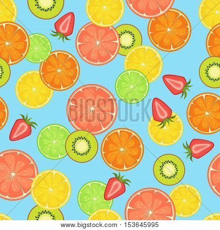 Vector Seamless Pattern With Citrus, Strawberry And Kiwi Slices. On Blue Background. Food Design For