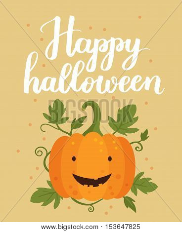 Vector Halloween Illustration With Cute Pumpkin And Happy Halloween Lettering. Vintage Background Ca