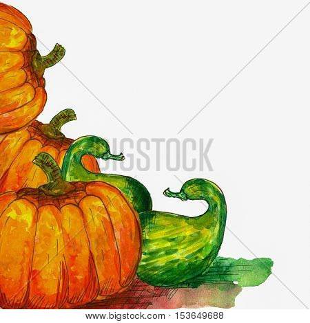 square watercolor painting of pumpkins on white background