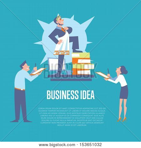 Big boss in roman toga and laurel wreath standing on office table before subordinate workers. Business idea banner, isolated vector illustration on blue background. Teamwork concept. Startup idea