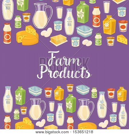 Farm products banner with different dairy icons, isolated vector illustration. Nutritious and healthy products. Organic farming. Natural and healthy food. Perpl dairy background