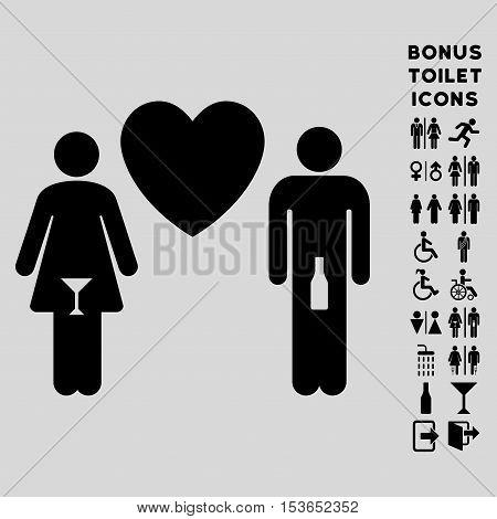 Drunky Love Pair icon and bonus man and female restroom symbols. Glyph illustration style is flat iconic symbols, black color, light gray background.