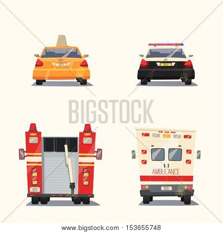 Police, Taxi, Ambulance car and Fire truck. Vector cartoon illustration. Isolated background. Service. Back view. Modern auto. Yellow cab. Security and justice. Healthcare theme Save life