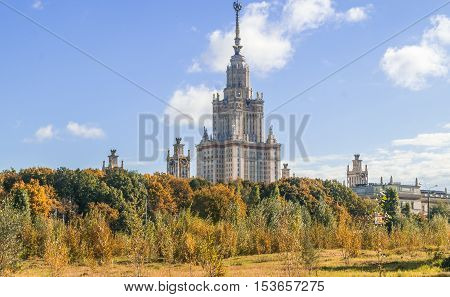 View of the Moscow Lomonosov State University in autumn.