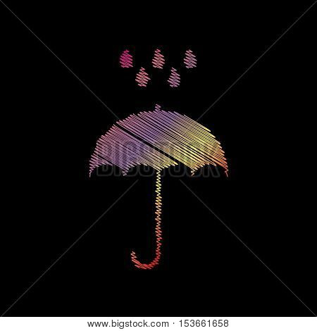 Umbrella With Water Drops. Rain Protection Symbol. Flat Design Style. Coloful Chalk Effect On Black