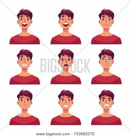 Young man face expression, set of cartoon vector illustrations isolated on white background. Handsome boy emoji face icons, human expressions, set of male avatars with different emotions