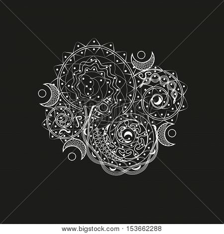 White asymmetric pattern

Abstract design tattoo pattern on the body of the author of henna hand made folk art style circle curl weaving point line drawing eps10 black background stock vector illustration