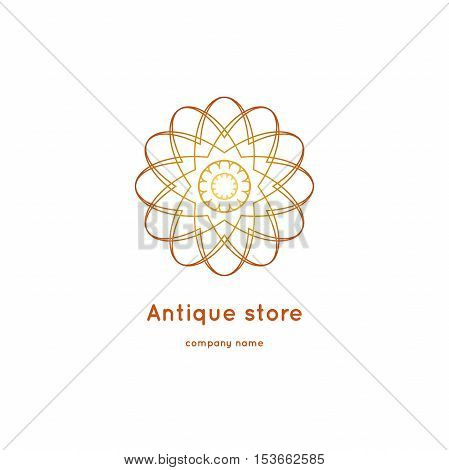 Luxury logotype for antique store. Ornamental vector symbols. Volumetric golden big bud. Isolated abstract colorful vector logo. Vector vintage mandala logo. Kaleidoscope flower.