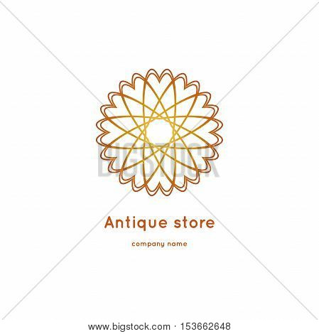 Luxury logotype for antique store. Ornamental vector symbols. Volumetric golden big bud. Isolated abstract colorful vector logo. Vector vintage mandala logo. Kaleidoscope flower.
