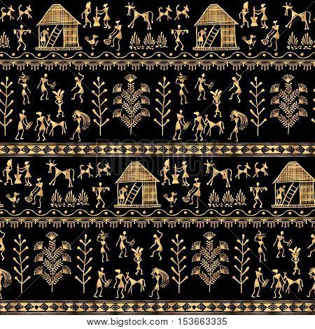 Warli painting seamless pattern - hand drawn traditional the ancient tribal art India. Rudimentary Technique depicting rural life of the inhabitants of India. Gold on a black background