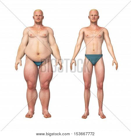 3D illustration of a transformation of a fat overweight man and his thin fit counterpart.