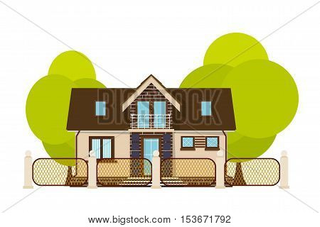Cute little house. Cartoon house with fence and green tree on a white background. Illustration of the cozy rural home isolate. Stock vector