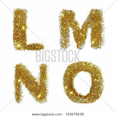 Letters L, M, N, O of golden glitter sparkle on white background