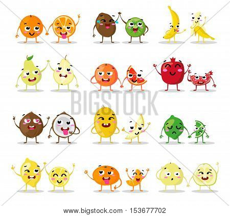 Funny cartoon fruit characters isolated. Big cute set. Fruit couples vector illustrations. Funny happy faces. Collection emotions. Beautiful sweet fruits. Flat design. Different emotions. Vector