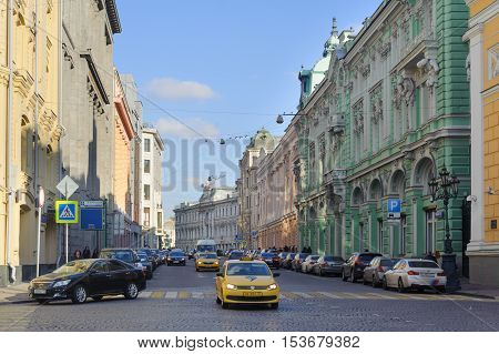 MOSCOW - OCTOBER 25: Buildings and cars on Ilinka street on October 25 2016 in Moscow. Ilinka is one of the oldest streets in Moscow.