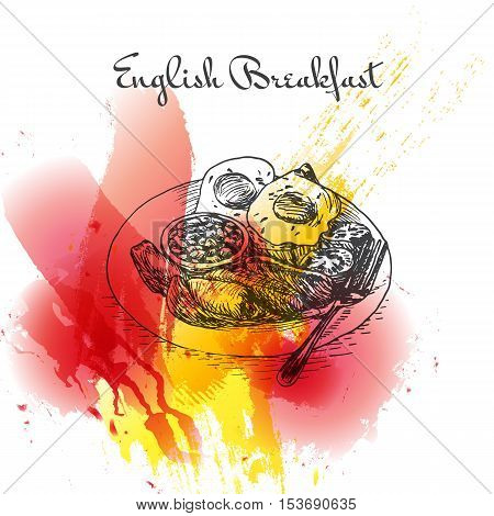 English breakfast colorful illustration. Watercolor effect vector illustration of breakfast.