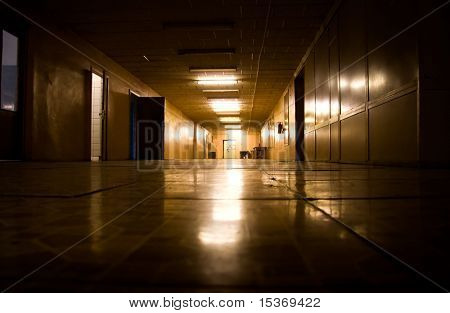 Dark corridor in scientific laboratory.
