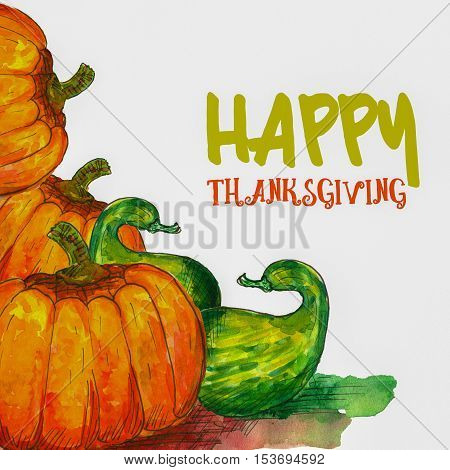 square watercolor painting of pumpkins on white background