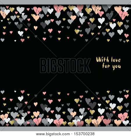 Dark horizontal design with hearts confetti on black background. Romantic trendy heart frame. Valentine day design for love card, valentine day greetings. Vector illustration stock vector.
