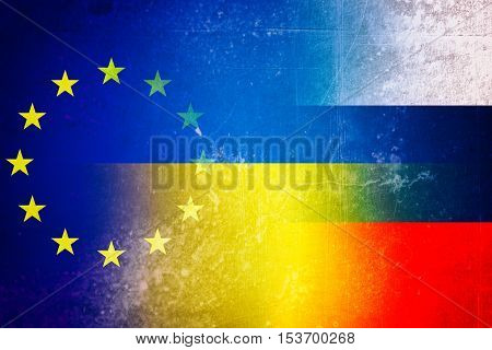 Eu, Ukraine and Russia flags - Ukraine crisis concept