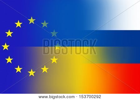 Eu, Ukraine and Russia flags - Ukraine crisis concept